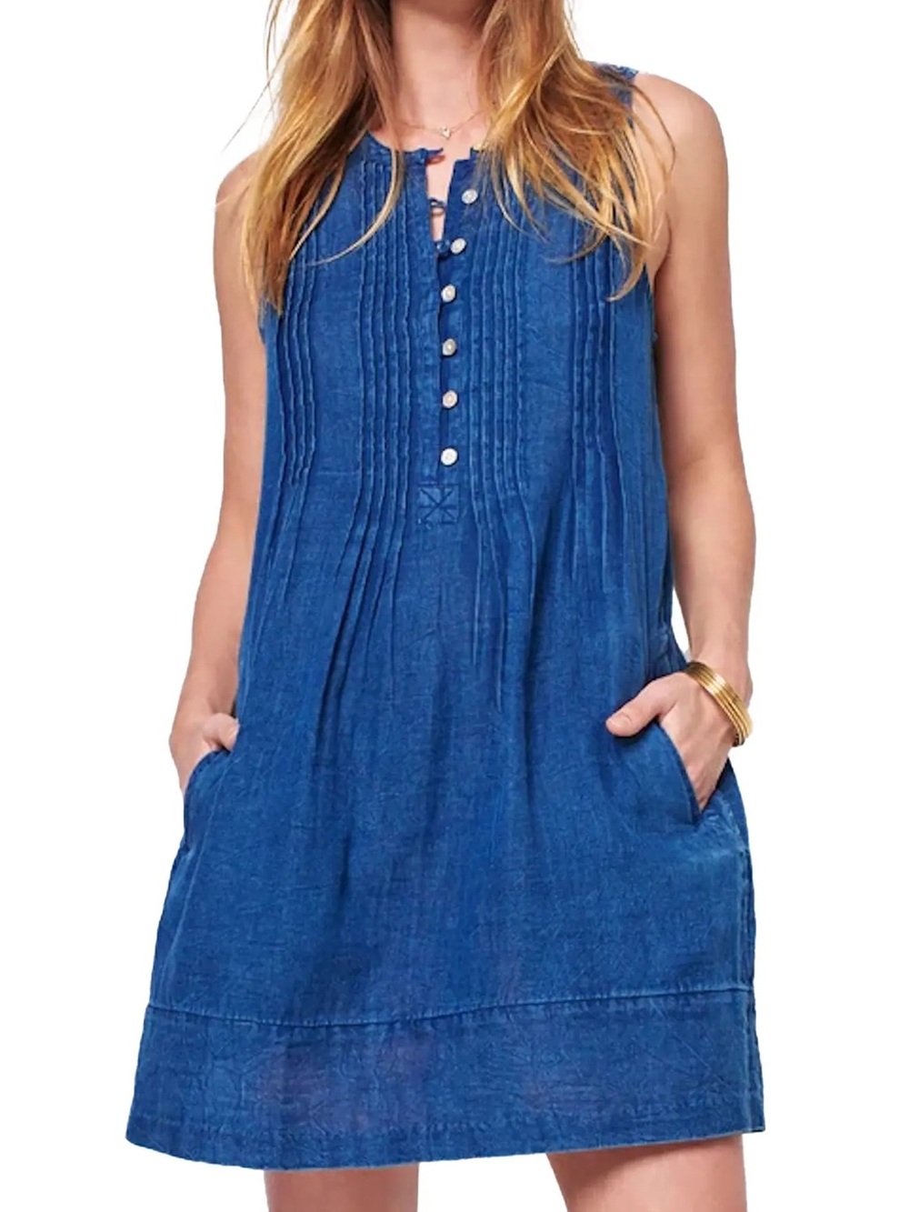 Faherty Indigo Organic Cotton Sleeveless Dress Pockets Size Large
